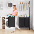 Carrello Portabiancheria con Asta Appendini e Ripiano Utility, Cesto Portabiancheria Rotante con Ruote Bloccabili, Organizer per Lavanderia