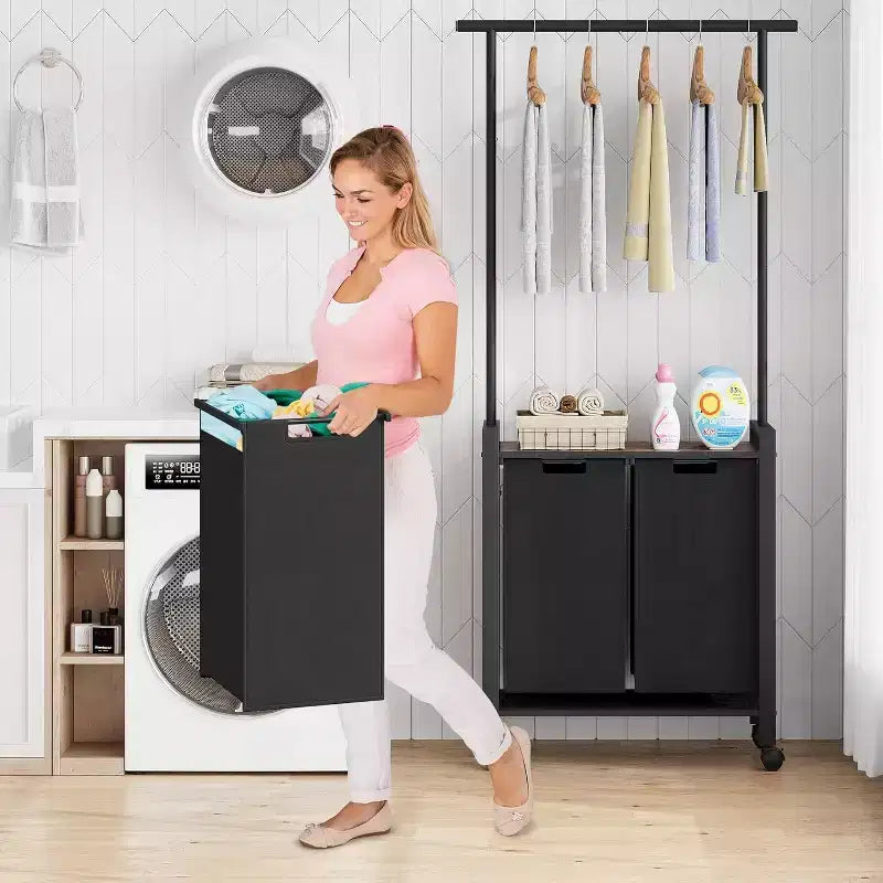 Carrello Portabiancheria con Asta Appendini e Ripiano Utility, Cesto Portabiancheria Rotante con Ruote Bloccabili, Organizer per Lavanderia