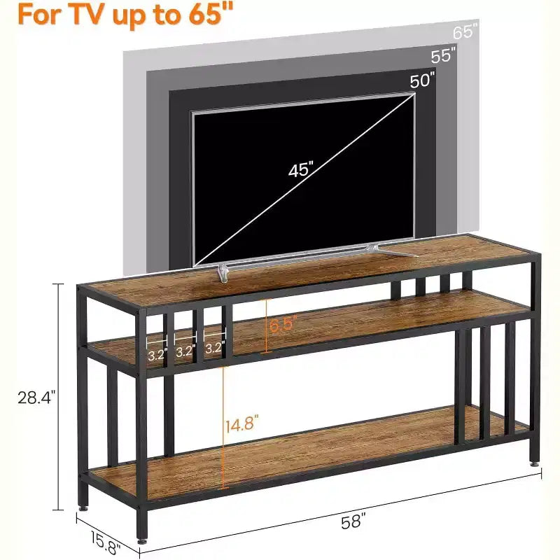Mobile TV 58/65 per TV fino a 65/75, Centro di Intrattenimento Rustico con Ripiani a Giorno a 3 Livelli, Tavolo Consolle per Media
