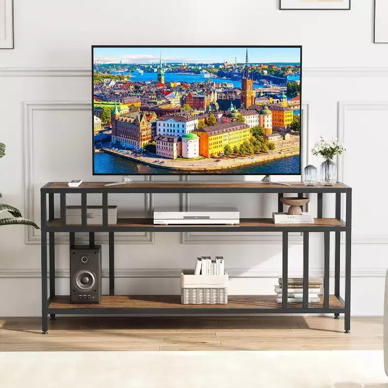 Mobile TV 58/65 per TV fino a 65/75, Centro di Intrattenimento Rustico con Ripiani a Giorno a 3 Livelli, Tavolo Consolle per Media
