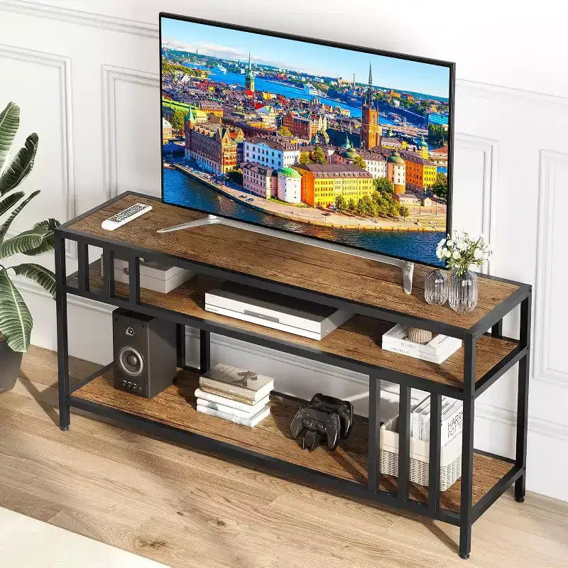 Mobile TV 58/65 per TV fino a 65/75, Centro di Intrattenimento Rustico con Ripiani a Giorno a 3 Livelli, Tavolo Consolle per Media