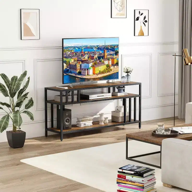 Mobile TV 58/65 per TV fino a 65/75, Centro di Intrattenimento Rustico con Ripiani a Giorno a 3 Livelli, Tavolo Consolle per Media
