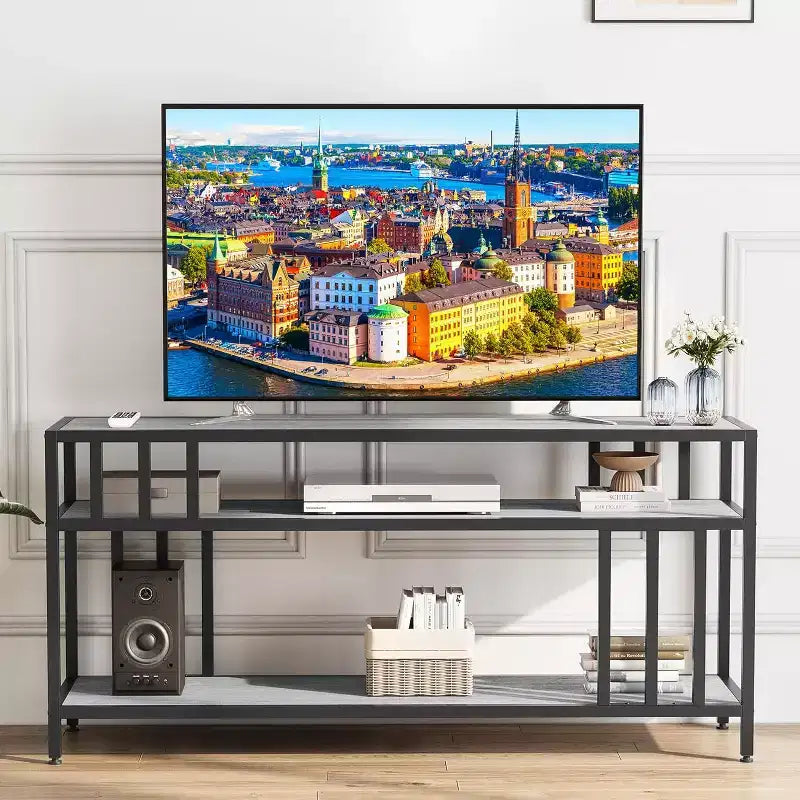 Mobile TV 58/65 per TV fino a 65/75, Centro di Intrattenimento Rustico con Ripiani a Giorno a 3 Livelli, Tavolo Consolle per Media