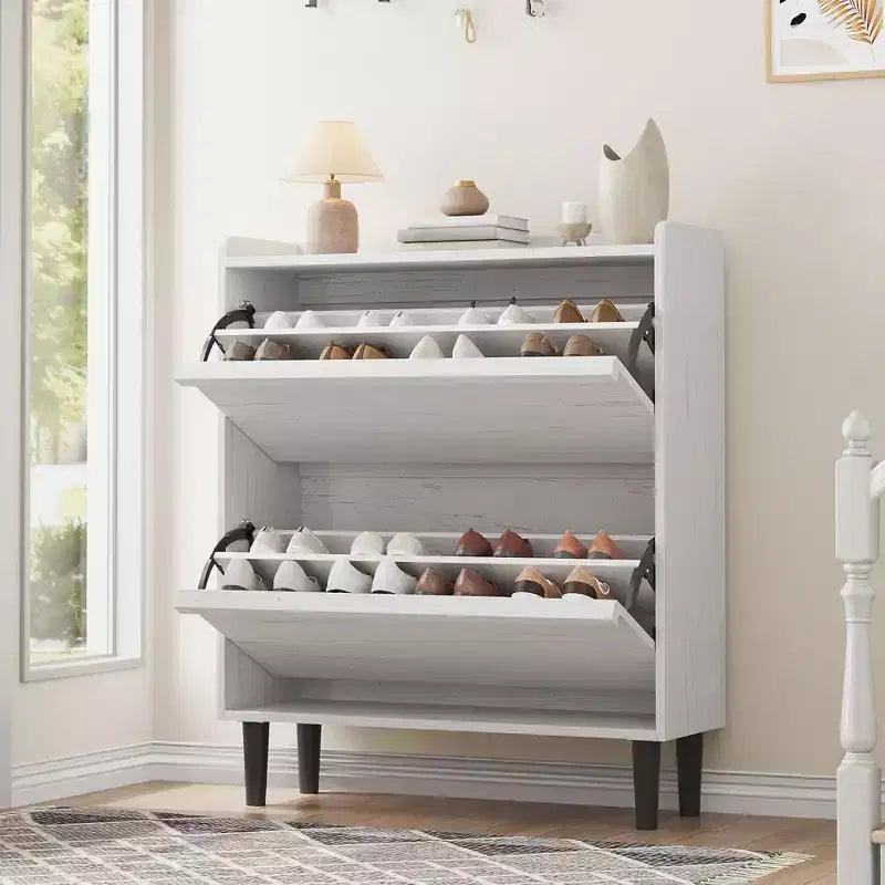 Narrow Freestanding Wooden Shoe Rack, Hidden Shoe Cabinet, Shoe Cabinet with Drawers and Adjustable Shelf for Entryway, Hallway, Living Room