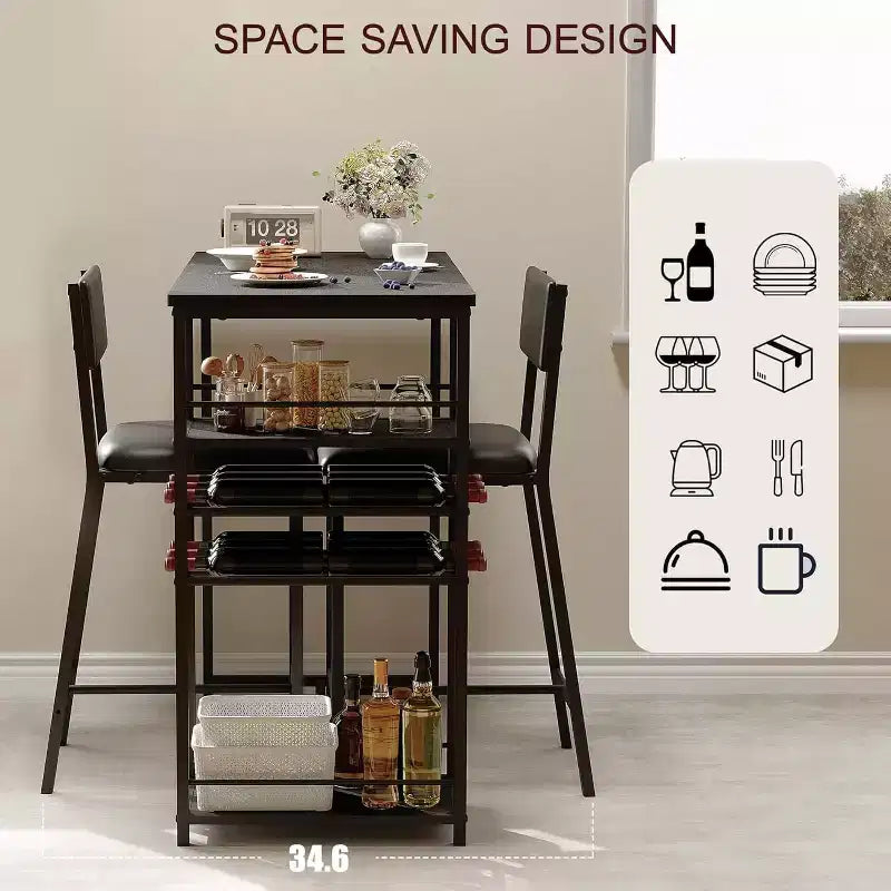 Ensemble de 2 chaises de bar Fulvari avec étagères de rangement ouvertes, porte-gobelet et porte-bouteilles, table de bar et chaises pour appartements, coins de cuisine, petits espaces