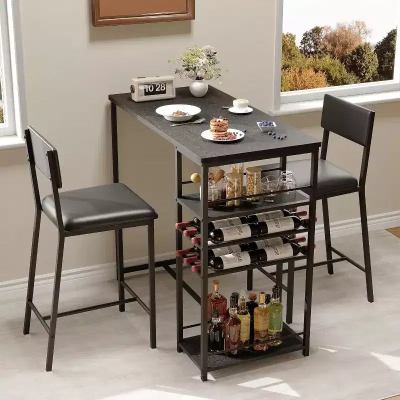 Ensemble de 2 chaises de bar Fulvari avec étagères de rangement ouvertes, porte-gobelet et porte-bouteilles, table de bar et chaises pour appartements, coins de cuisine, petits espaces