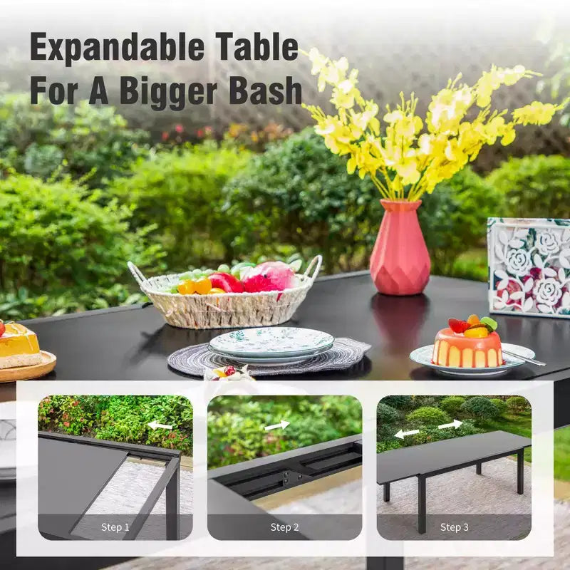 Captiva Designs Ensemble de salle à manger d'extérieur 7 pièces avec table extensible en acier et chaises avec accoudoirs en textilène marron