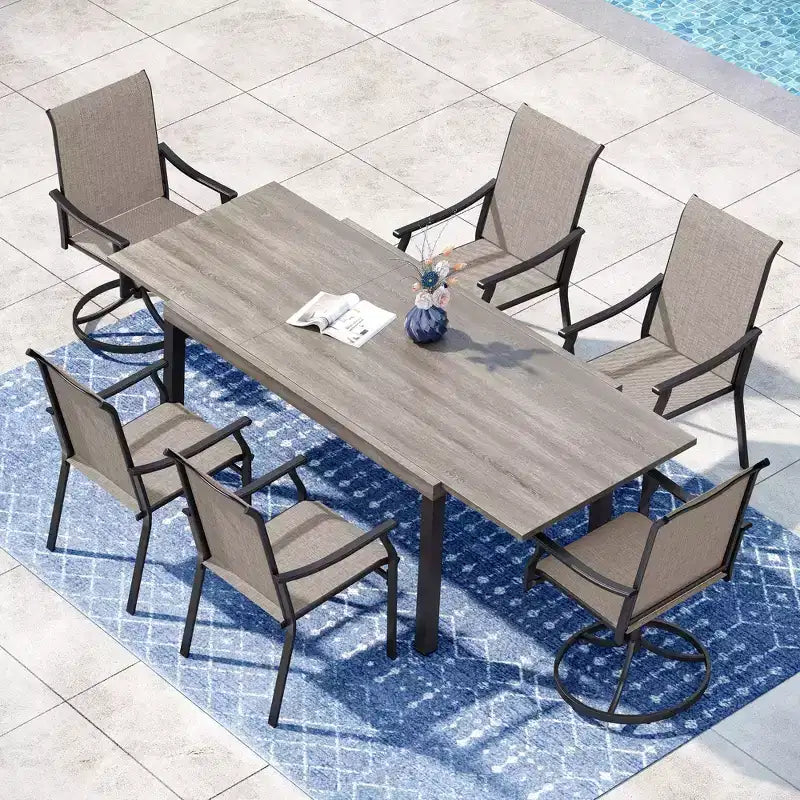 Captiva Designs Ensemble de salle à manger d'extérieur 7 pièces avec table extensible en acier et chaises avec accoudoirs en textilène marron