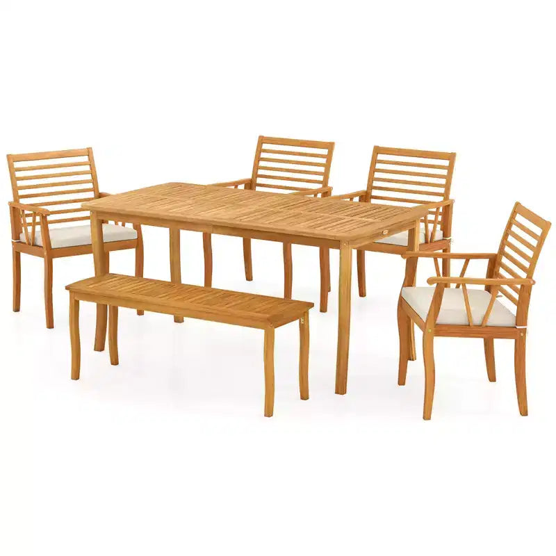 Costway Ensemble de salle à manger 6 pièces pour patio, table et bancs en bois d'acacia avec trou de parasol de 5 cm