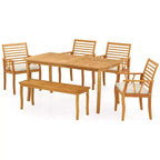Costway Ensemble de salle à manger 6 pièces pour patio, table et bancs en bois d'acacia avec trou de parasol de 5 cm