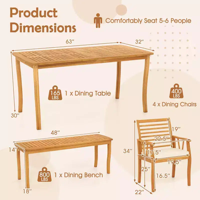 Costway Ensemble de salle à manger 6 pièces pour patio, table et bancs en bois d'acacia avec trou de parasol de 5 cm