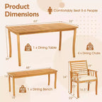 Costway Ensemble de salle à manger 6 pièces pour patio, table et bancs en bois d'acacia avec trou de parasol de 5 cm