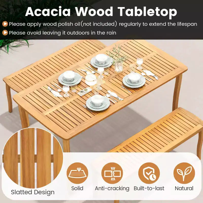 Costway Ensemble de salle à manger 6 pièces pour patio, table et bancs en bois d'acacia avec trou de parasol de 5 cm