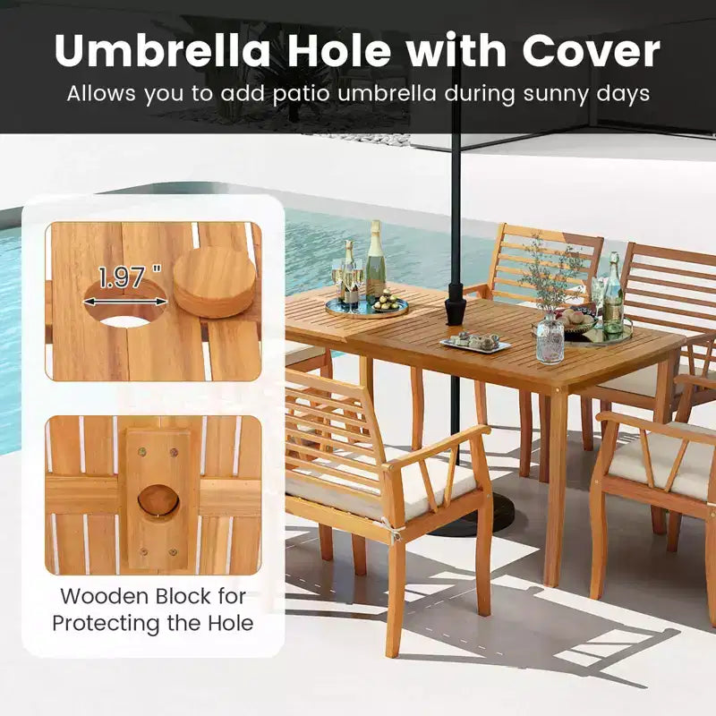 Costway Ensemble de salle à manger 6 pièces pour patio, table et bancs en bois d'acacia avec trou de parasol de 5 cm
