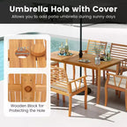 Costway Ensemble de salle à manger 6 pièces pour patio, table et bancs en bois d'acacia avec trou de parasol de 5 cm
