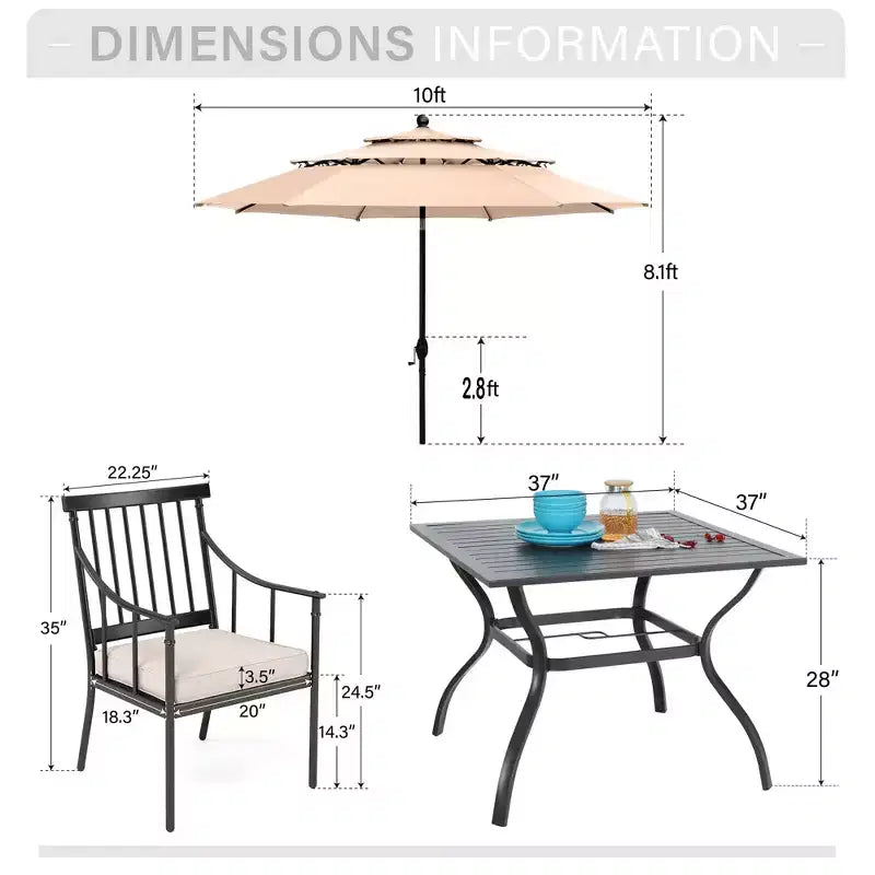Captiva Designs - Set da 6 pezzi con tavolo quadrato da patio con struttura in acciaio, eleganti sedie imbottite e ombrellone da 3 metri