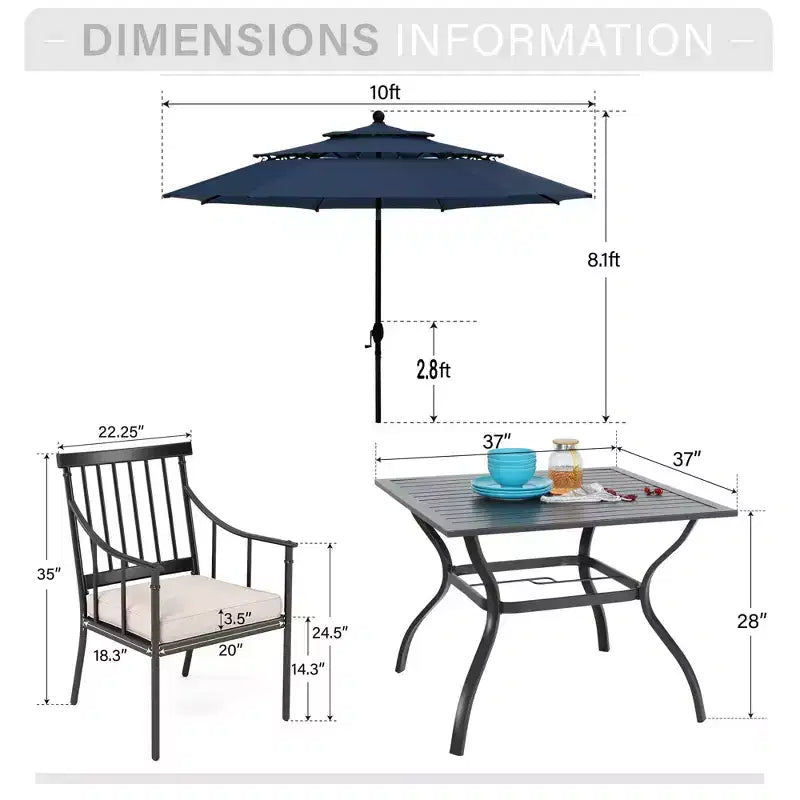 Captiva Designs - Set da 6 pezzi con tavolo quadrato da patio con struttura in acciaio, eleganti sedie imbottite e ombrellone da 3 metri