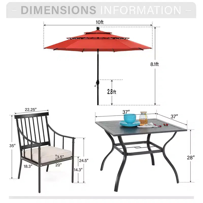 Captiva Designs - Set da 6 pezzi con tavolo quadrato da patio con struttura in acciaio, eleganti sedie imbottite e ombrellone da 3 metri