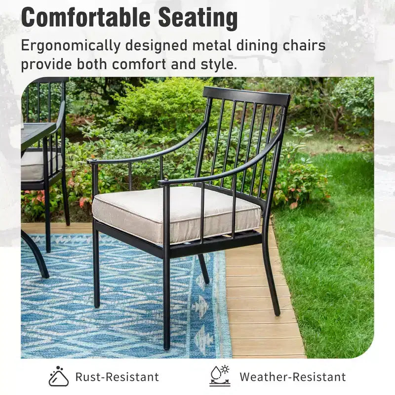 Captiva Designs - Set da 6 pezzi con tavolo quadrato da patio con struttura in acciaio, eleganti sedie imbottite e ombrellone da 3 metri
