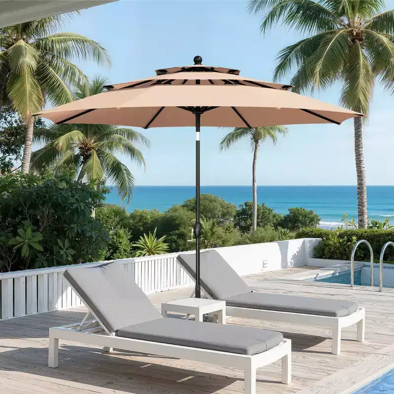 Captiva Designs - Set da 6 pezzi con tavolo quadrato da patio con struttura in acciaio, eleganti sedie imbottite e ombrellone da 3 metri