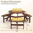 Tavolo da Picnic in Legno per 6 Persone Zevemomo, Piano Rotondo con Foro per Ombrellone, 3 Panche Curve Integrate, Capacità Totale 780 kg per Balcone, Giardino, Marrone