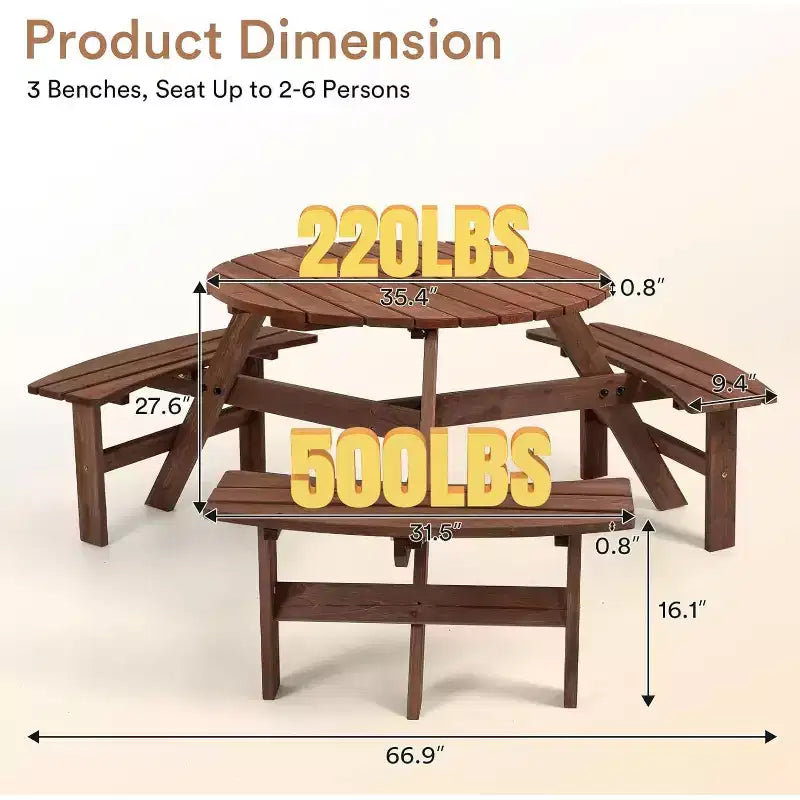 Tavolo da Picnic in Legno per 6 Persone Zevemomo, Piano Rotondo con Foro per Ombrellone, 3 Panche Curve Integrate, Capacità Totale 780 kg per Balcone, Giardino, Marrone