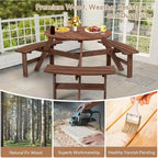 Tavolo da Picnic in Legno per 6 Persone Zevemomo, Piano Rotondo con Foro per Ombrellone, 3 Panche Curve Integrate, Capacità Totale 780 kg per Balcone, Giardino, Marrone