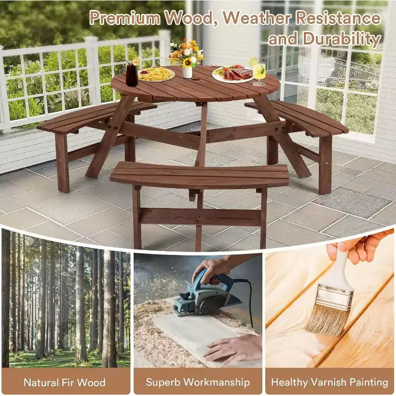 Tavolo da Picnic in Legno per 6 Persone Zevemomo, Piano Rotondo con Foro per Ombrellone, 3 Panche Curve Integrate, Capacità Totale 780 kg per Balcone, Giardino, Marrone