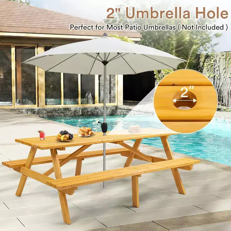 Table de pique-nique en bois 8 personnes Zevemomo, plateau rectangulaire avec trou pour parasol, 2 longs bancs intégrés, capacité totale de 1000 kg pour jardin, bois clair