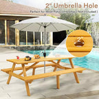 Table de pique-nique en bois 8 personnes Zevemomo, plateau rectangulaire avec trou pour parasol, 2 longs bancs intégrés, capacité totale de 1000 kg pour jardin, bois clair