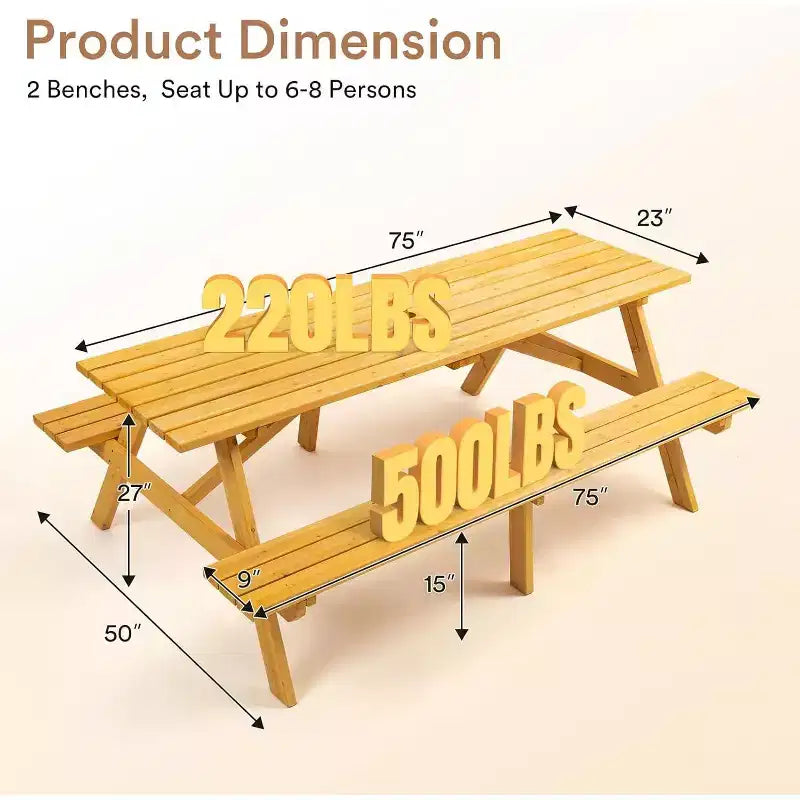 Table de pique-nique en bois 8 personnes Zevemomo, plateau rectangulaire avec trou pour parasol, 2 longs bancs intégrés, capacité totale de 1000 kg pour jardin, bois clair