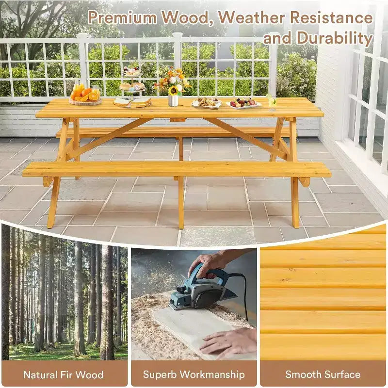 Table de pique-nique en bois 8 personnes Zevemomo, plateau rectangulaire avec trou pour parasol, 2 longs bancs intégrés, capacité totale de 1000 kg pour jardin, bois clair