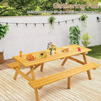 Table de pique-nique en bois 8 personnes Zevemomo, plateau rectangulaire avec trou pour parasol, 2 longs bancs intégrés, capacité totale de 1000 kg pour jardin, bois clair