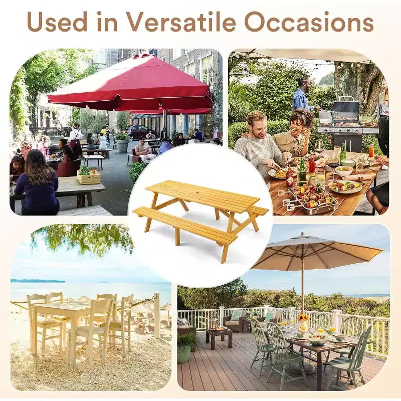 Table de pique-nique en bois 8 personnes Zevemomo, plateau rectangulaire avec trou pour parasol, 2 longs bancs intégrés, capacité totale de 1000 kg pour jardin, bois clair