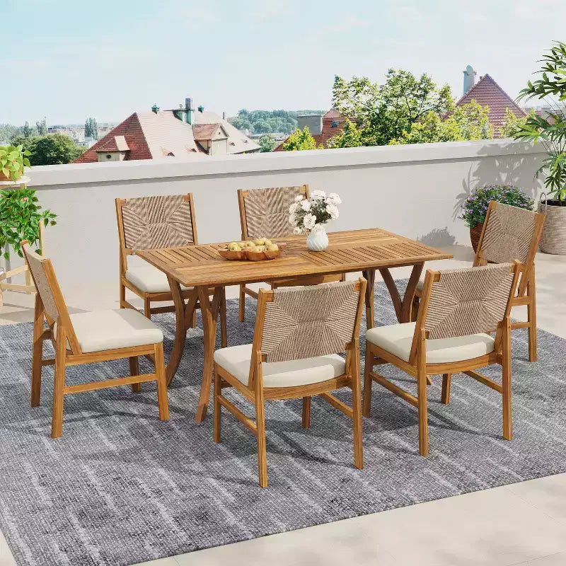 Christopher Knight Home Maurice 7 Piece Patio Rustic Acacia Wood Dining Set with Wicker Woven Chair