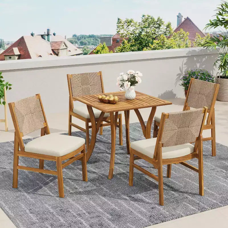 Christopher Knight Home Isidora 5 Piece Patio Rustic Acacia Wood Dining Set with Wicker Woven Chair