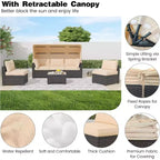 Ensemble de mobilier de patio, 6 pièces en rotin synthétique avec auvent rétractable et coussins moelleux, canapé sectionnel et table de rangement, coussins beiges