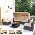 Ensemble de mobilier de patio, 6 pièces en rotin synthétique avec auvent rétractable et coussins moelleux, canapé sectionnel et table de rangement, coussins beiges