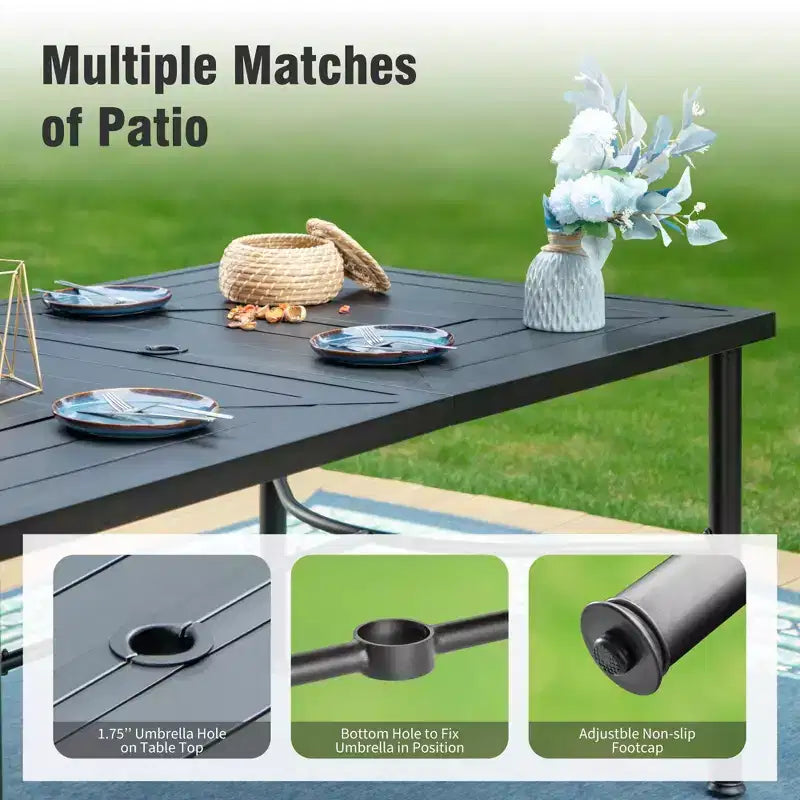 Captiva Designs Set da pranzo 7 pezzi da giardino con motivo geometrico, tavolo rettangolare in acciaio e sedie fisse in textilene