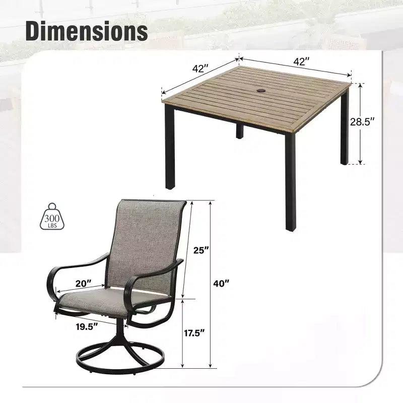 Captiva Designs Set da 5 Pezzi: Tavolo Quadrato da Pranzo in Acciaio e Sedie Girevoli Sling in Metallo per Esterni