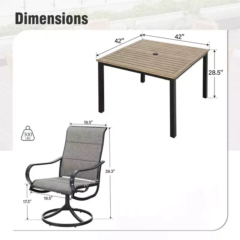 Captiva Designs Set da 5 Pezzi: Tavolo Quadrato da Pranzo in Acciaio e Sedie Girevoli Sling in Metallo per Esterni