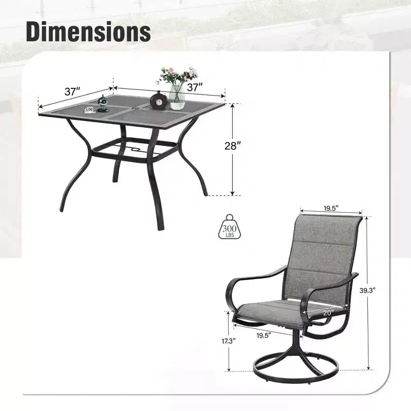 Captiva Designs Set da 5 Pezzi: Tavolo Quadrato da Pranzo in Acciaio e Sedie Girevoli Sling in Metallo per Esterni