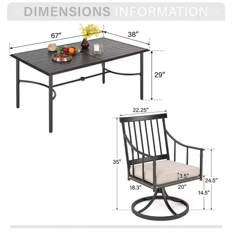 Captiva Designs Tavolo da pranzo da esterno in acciaio da 7 pezzi con piano a doghe e foro per ombrellone e sedie in metallo imbottite eleganti