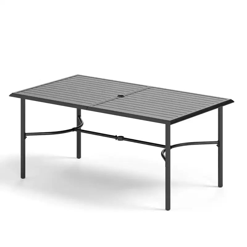 Captiva Designs Tavolo da pranzo da esterno in acciaio da 7 pezzi con piano a doghe e foro per ombrellone e sedie in metallo imbottite eleganti