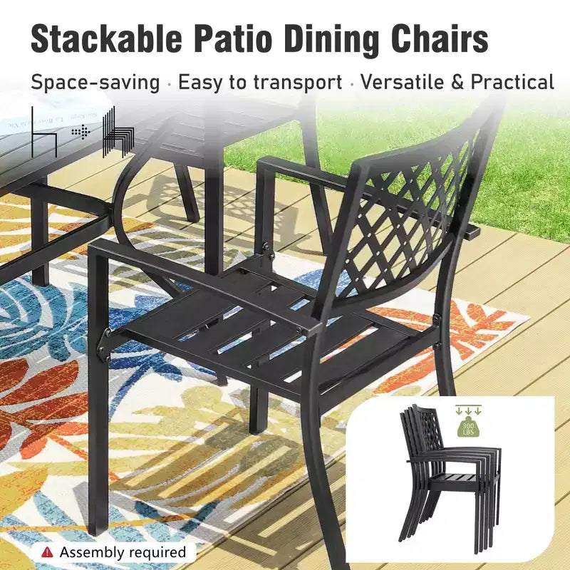 Captiva Designs Set da 7 pezzi con tavolo da pranzo in acciaio con piano a doghe e foro per ombrellone e sedie in metallo con schienale elegante