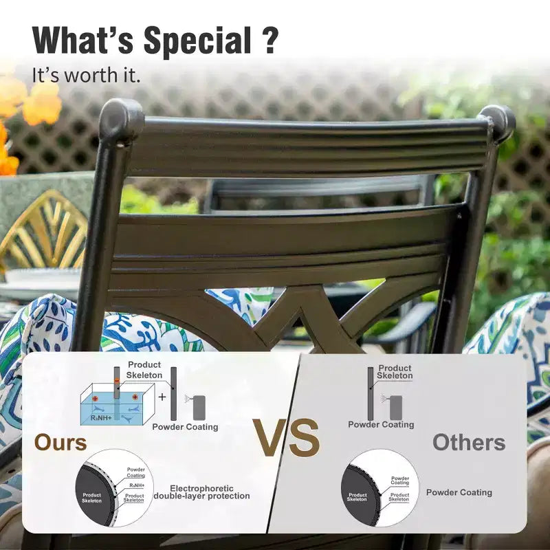 Captiva Designs Set da 7 Pezzi da Esterno con Tavolo da Pranzo in Acciaio con Piano a Doghe e Sedie in Metallo con Cuscini per Seduta e Cuscini Lombari