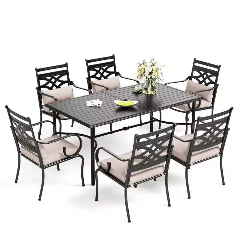 Captiva Designs Set da 7 Pezzi da Esterno con Tavolo da Pranzo in Acciaio con Piano a Doghe e Sedie in Metallo con Cuscini per Seduta e Cuscini Lombari