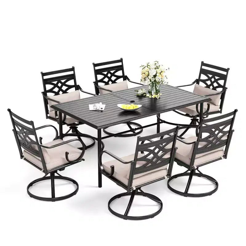 Captiva Designs Set da 7 Pezzi da Esterno con Tavolo da Pranzo in Acciaio con Piano a Doghe e Sedie in Metallo con Cuscini per Seduta e Cuscini Lombari