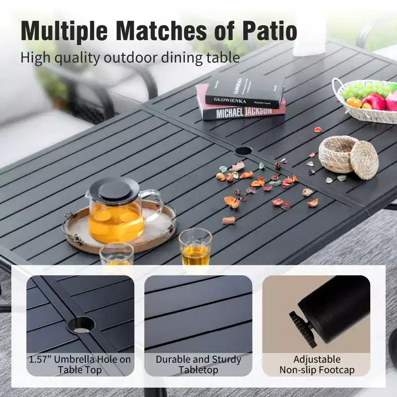 Captiva Designs Set da 7 Pezzi da Esterno con Tavolo da Pranzo in Acciaio con Piano a Doghe e Sedie in Metallo con Cuscini per Seduta e Cuscini Lombari