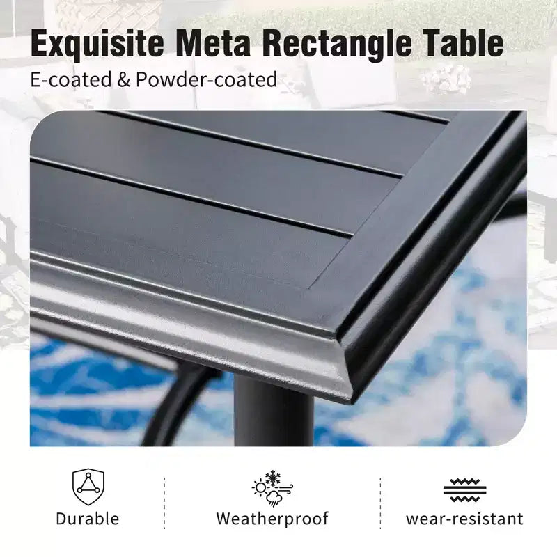 Captiva Designs Set da 7 Pezzi da Esterno con Tavolo da Pranzo in Acciaio con Piano a Doghe e Sedie in Metallo con Cuscini per Seduta e Cuscini Lombari